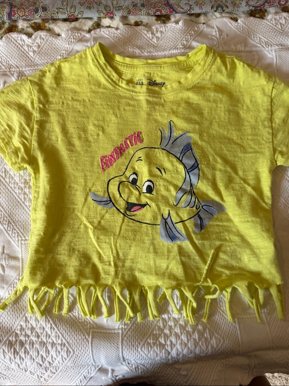Disney Yellow Flounder Fringe Crop Tee with Pink Logo